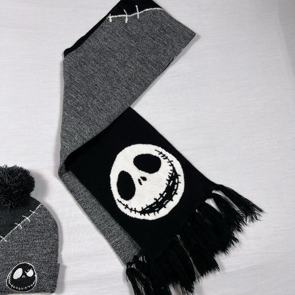 Disney NBC Jack Skellington Beanie Scarf Set Pom Pom Gothic Accessory Patchwork
